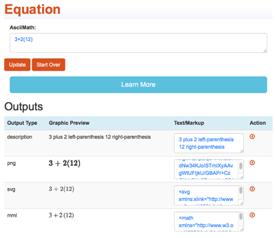 Screen capture of the MathML Cloud tool converting a math equation from ASCII into SVG, MML, and PNG formats.